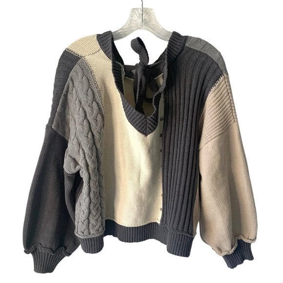 BY THE RIVER Gray + Beige Colorblock Tie-Back Neck Latern Sleeve Sweater NWOT S - Picture 8 of 10